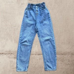 Zara Women's Paper bag Style Cinch Waist Jeans Blue High Waist Button Fly Size 2